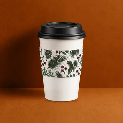 Eco II Large White Holiday 2026 coffee sleeve, holiday foliage print