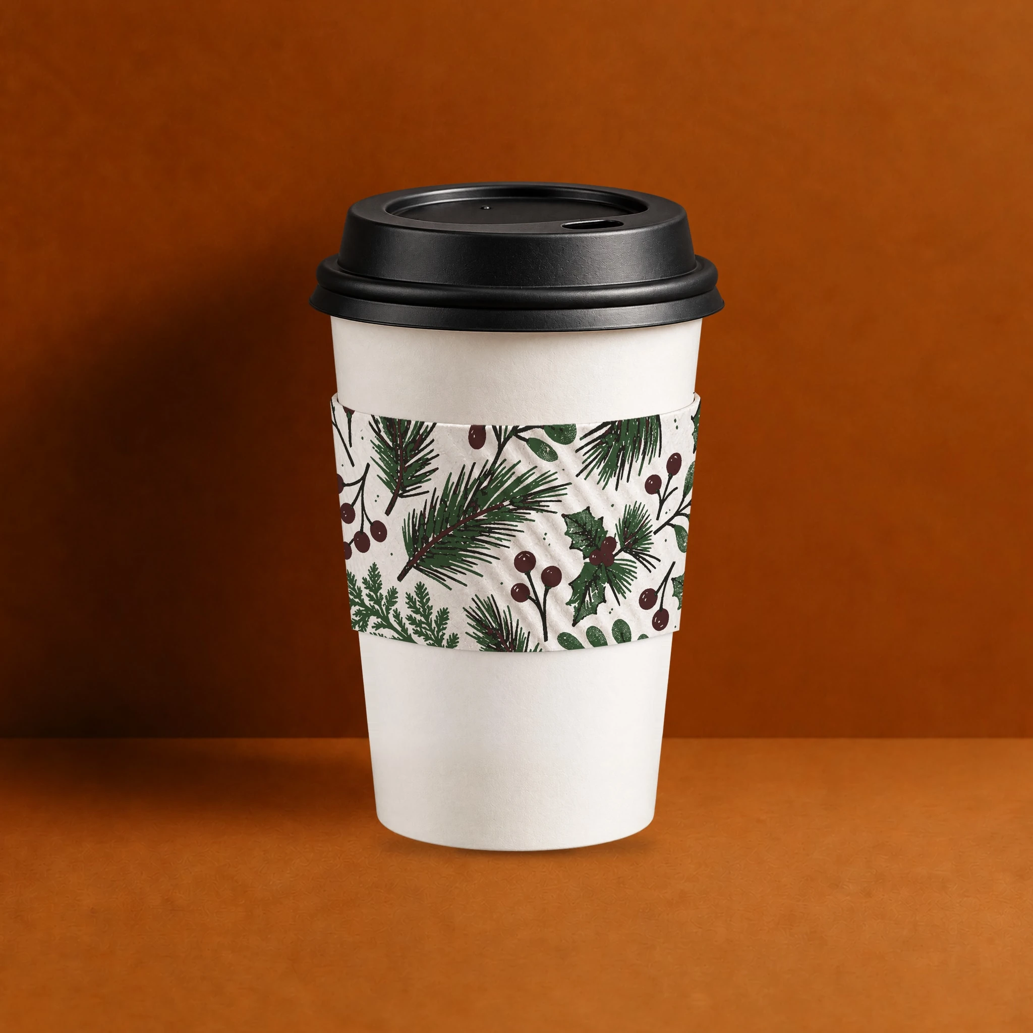 Eco II Large White Holiday 2026 coffee sleeve, holiday foliage print