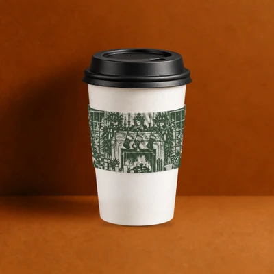 Eco II Large White Holiday 2026 coffee sleeve, green fireplace print
