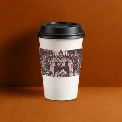 Eco II Large White Holiday 2026 coffee sleeve, burgundy fireplace print