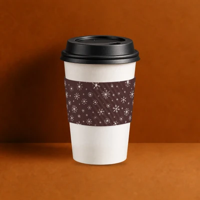 Eco II Large White Holiday 2026 coffee sleeve, burgundy snowflakes print