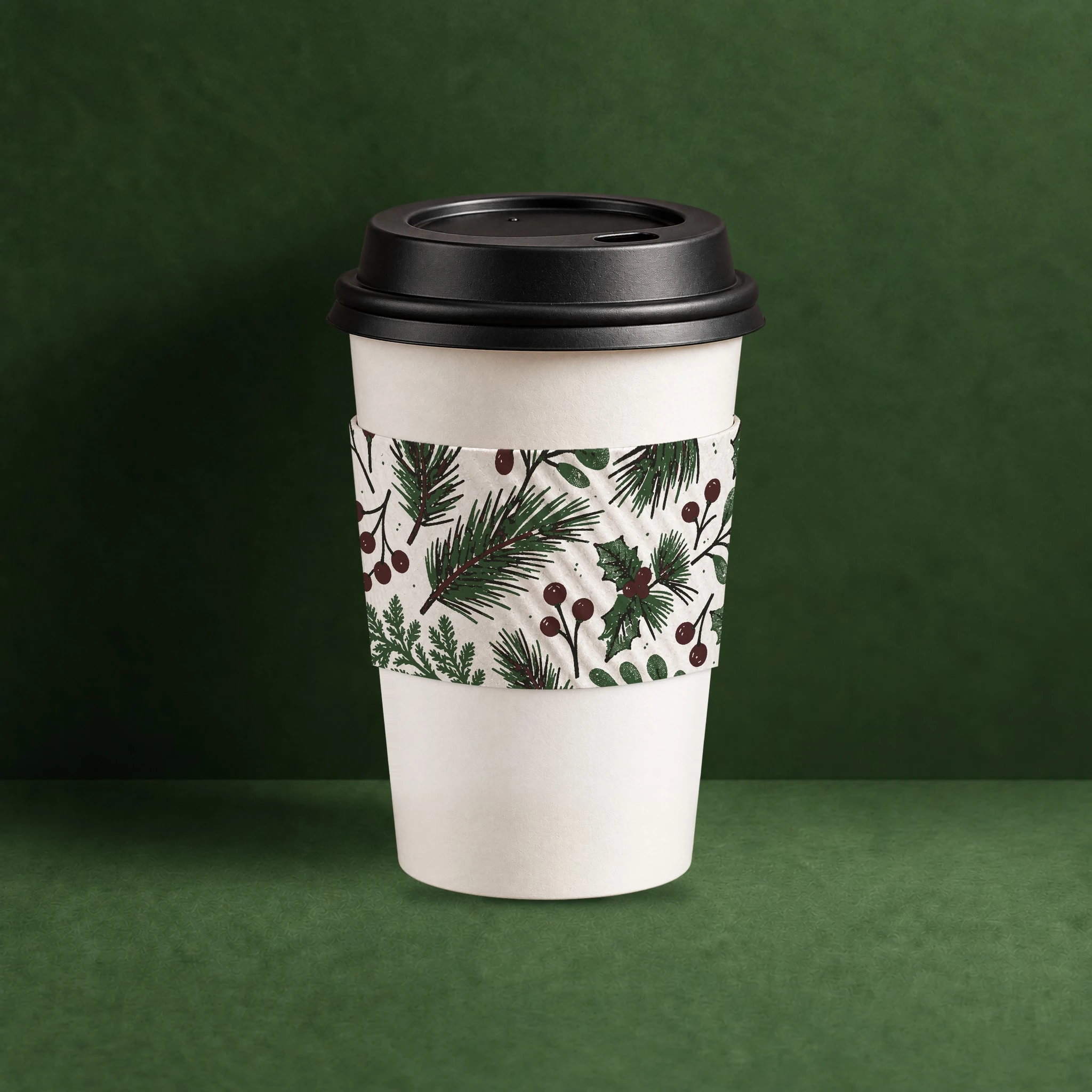 Eco II Large White Holiday 2026 coffee sleeve, holiday foliage print